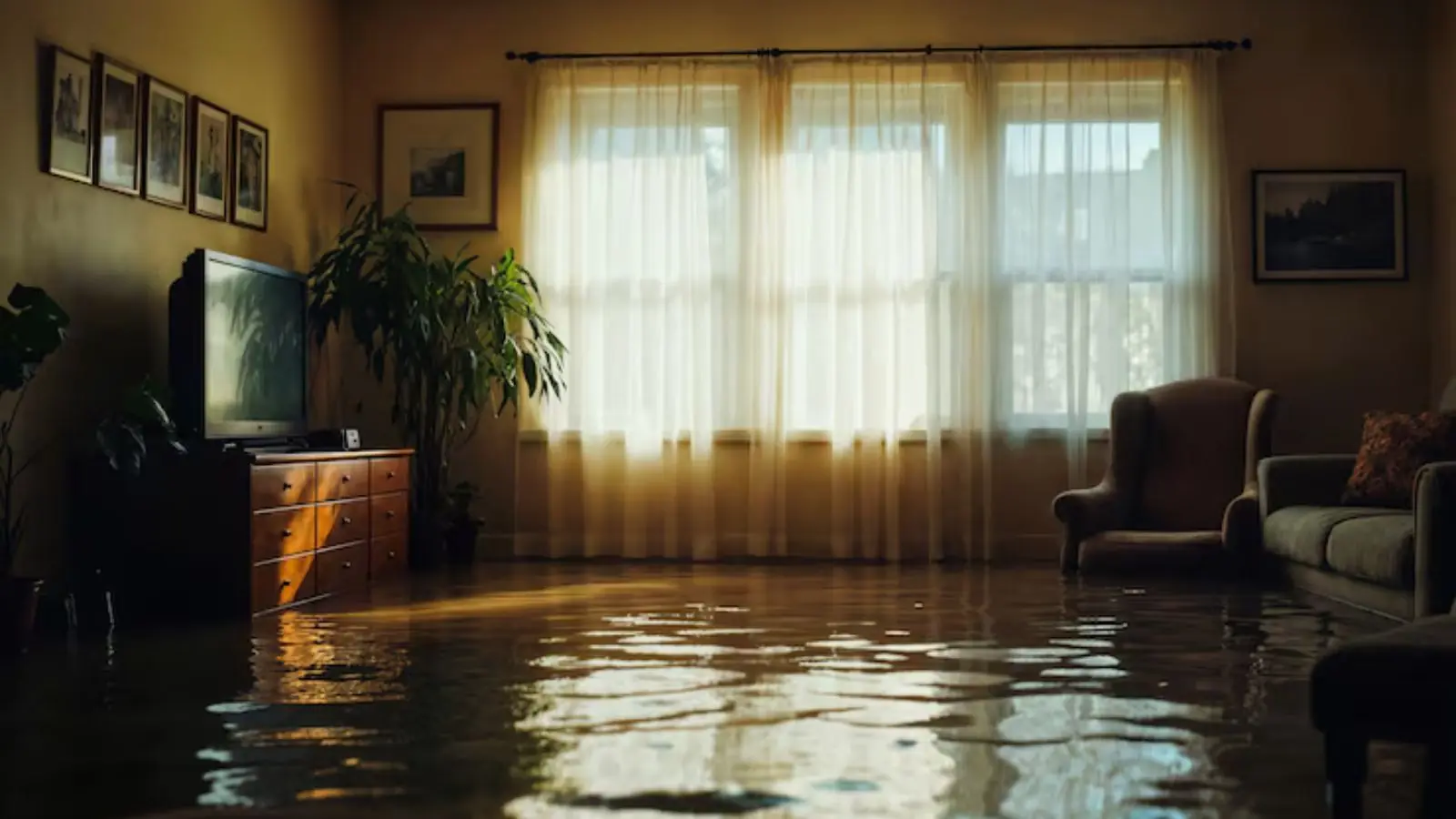 Living room with shallow water across the floor and daylight through sheer curtains, the kind of scene a Dana Point water damage call starts with